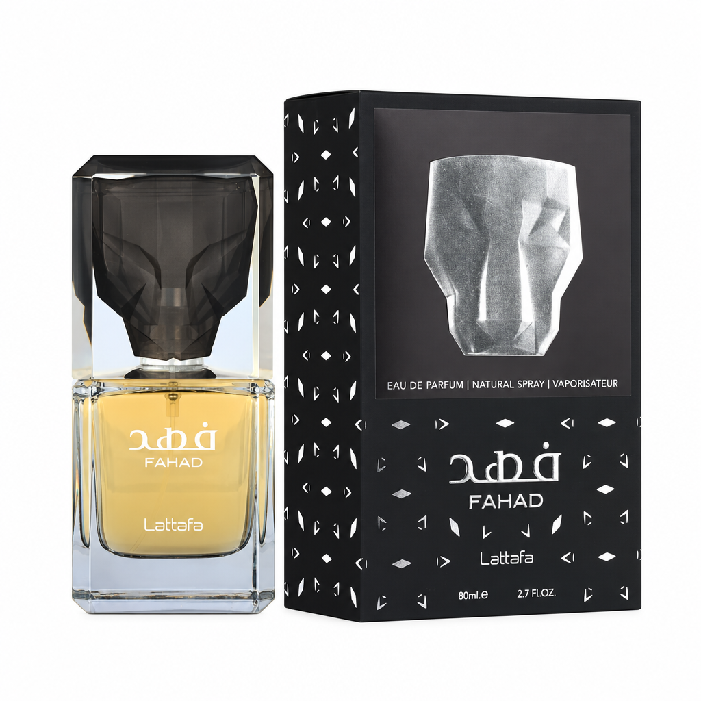 Lattafa Fahad Eau de Parfum bottle with packaging, featuring a sleek design and elegant label.