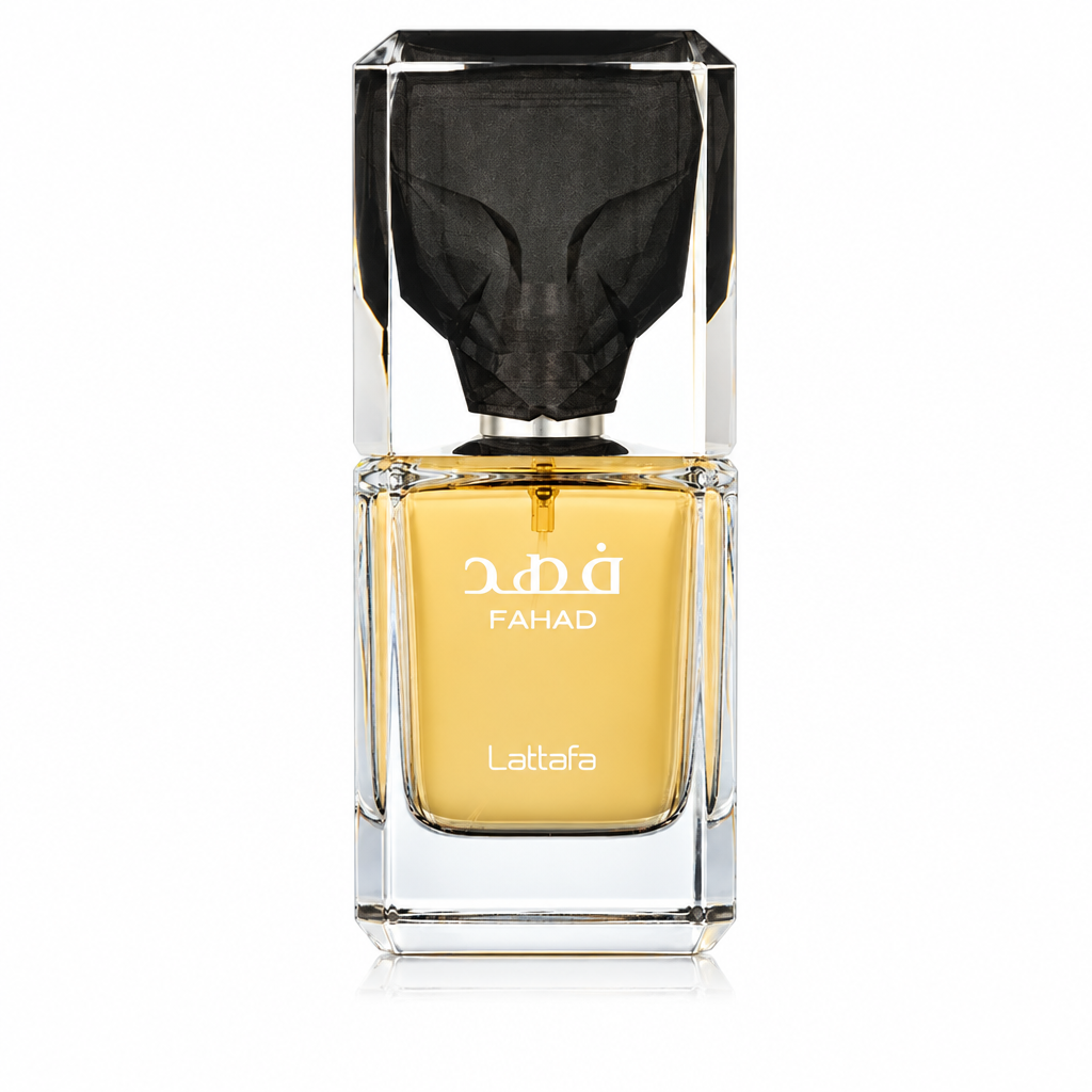 Lattafa Fahad Eau de Parfum bottle with elegant design and gold accents, showcasing the luxurious fragrance container.