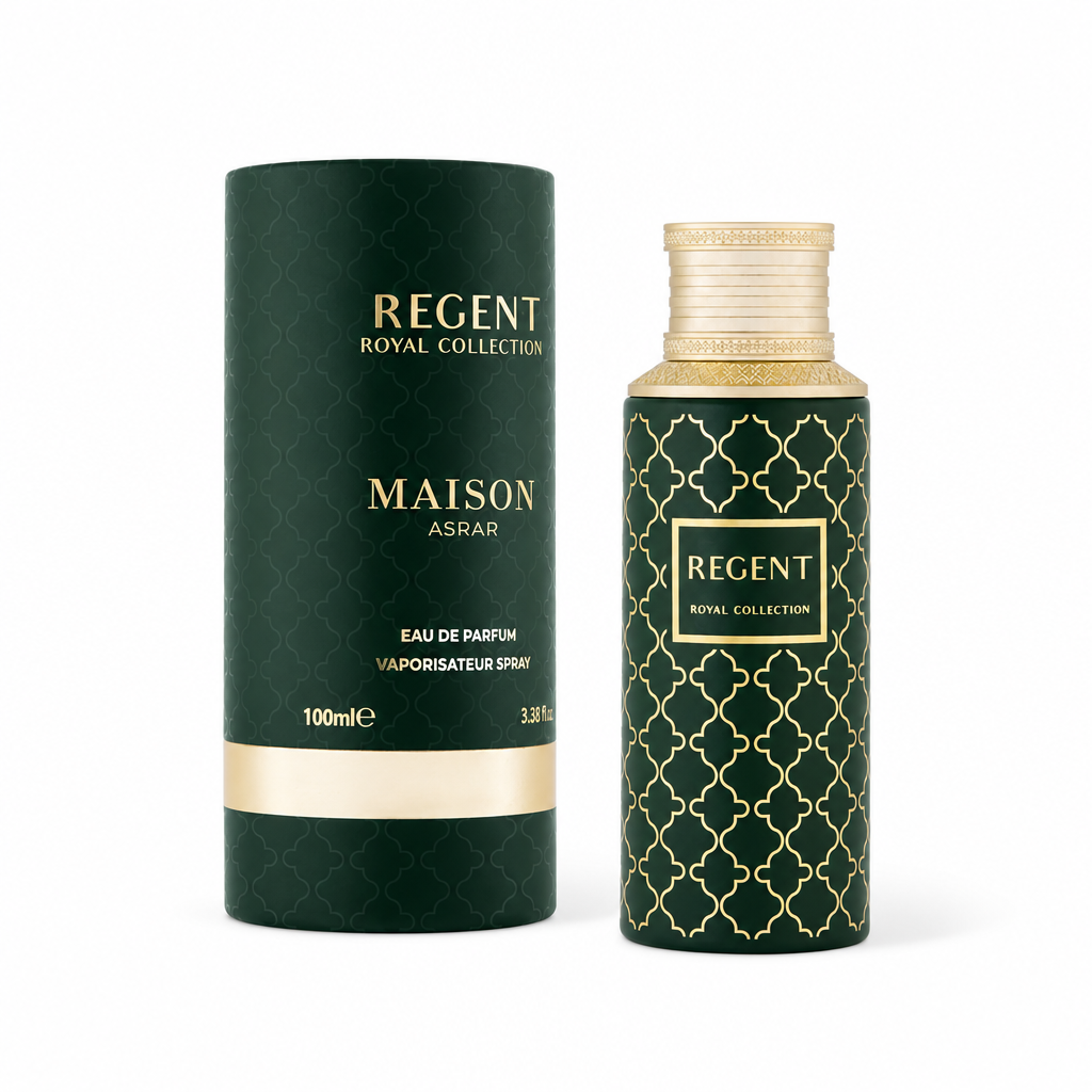 Maison Asrar Regent perfume bottle beside packaging