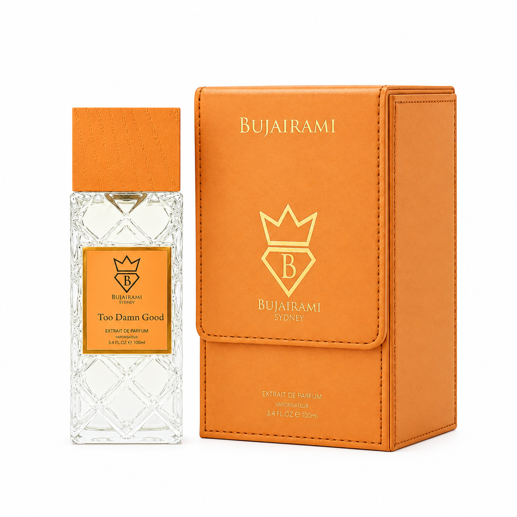 Bujairami Too Damn Good perfume bottle beside packaging