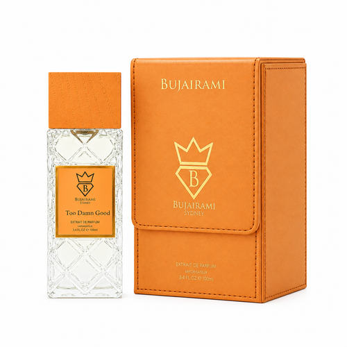 Bujairami Too Damn Good perfume bottle beside packaging